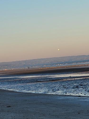 una spiaggia con un corpo d'acqua e un aereo in cielo di Perrot Henry a Saint-Marcouf