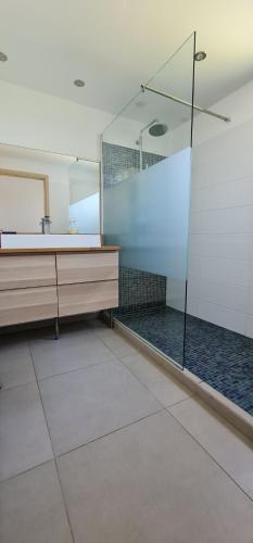 a bathroom with a glass shower and a sink at Villa Giulia in Porto-Vecchio