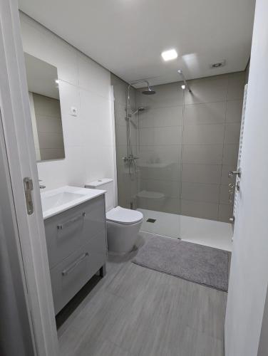 a bathroom with a toilet and a sink and a shower at Casa da Mata in Paredes de Coura
