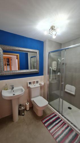 a bathroom with a toilet and a sink and a shower at New Holliday Villa, Anstruther in Cellardyke