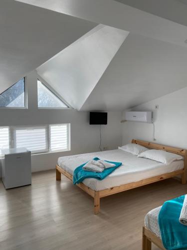 a bedroom with two beds in a attic at Vila Sunrise in Vama Veche