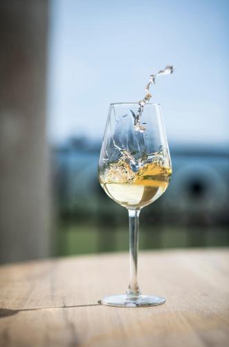 a glass of wine sitting on a table at Kincsem Kastély in Tolcsva