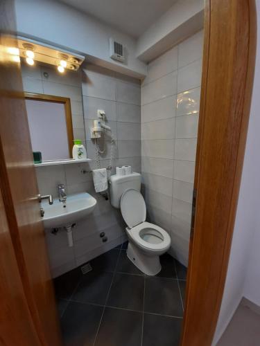 a bathroom with a white toilet and a sink at Apartmani Perla in Neum