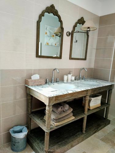 a bathroom with a sink and a mirror at Le Clos Bel Ami Chambre d'hôtes avec piscine in Bec-de-Mortagne