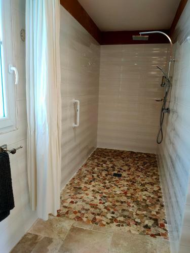 a bathroom with a shower with a tiled floor at Le Clos Bel Ami Chambre d'hôtes avec piscine in Bec-de-Mortagne