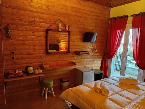 a bedroom with wooden walls and two beds and a television at Ο Σκίουρος Παραδοσιακοί Ξενώνες in Oíti