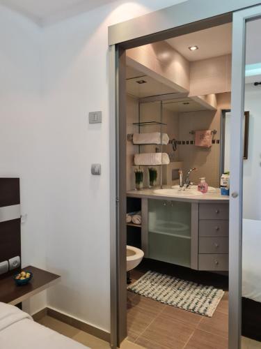 un baño con lavabo e inodoro en Royal park-Garden Apartment, en Eilat