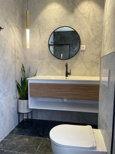 ein Badezimmer mit Toilette, Waschbecken und Spiegel in der Unterkunft BALCONY HATMARIM in Eilat