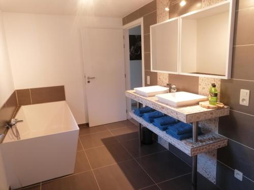 a bathroom with two sinks and a mirror at Les hauts de Meez in Dinant