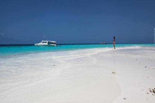 a person standing on a beach with a boat in the water at Stingray Beach Inn in Maafushi