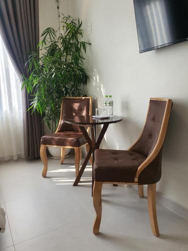 two chairs and a table in a room with a plant at Hello Dalat Hostel in Da Lat