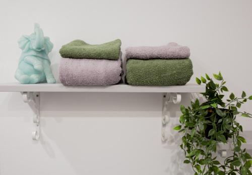 a shelf with towels and a plant on it at Casa Frida with High-speed Wifi and Smart-TV in Corralejo