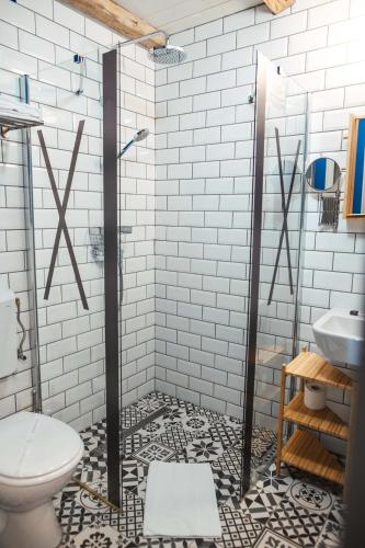 a bathroom with a shower with a toilet and a sink at CASA HINTZ Transilvania in Făgăraş