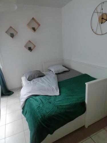 a bedroom with a bed with green sheets and pillows at Le Valhalla, studio au pied des thermes in Rennes-les-Bains
