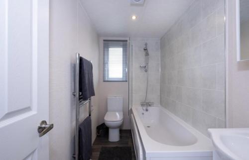 a bathroom with a toilet and a tub and a sink at Luxury 6 Bed Lodge with Hot Tub in Plymouth