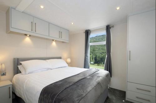 Un dormitorio con una cama grande y una ventana en Luxury 6 Bed Lodge with Hot Tub en Plymouth