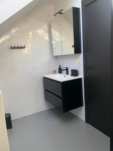 a bathroom with a sink and a mirror at Gites douillets à l’orée des bois. in Houyet
