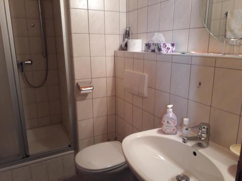 a bathroom with a sink and a toilet and a shower at Gästehaus Kurparkfrieden in Mittenwald