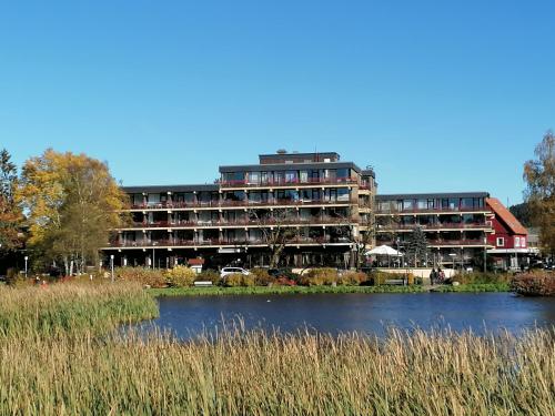 un gran edificio con un lago frente a él en Kranichsee-Apartment, en Goslar