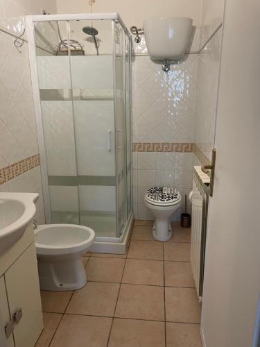 a bathroom with a shower and a toilet and a sink at appartamento di via macello vecchio in Spoleto