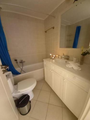 a bathroom with a toilet and a sink and a mirror at MARIA'S DREAM HOUSE in Eretria