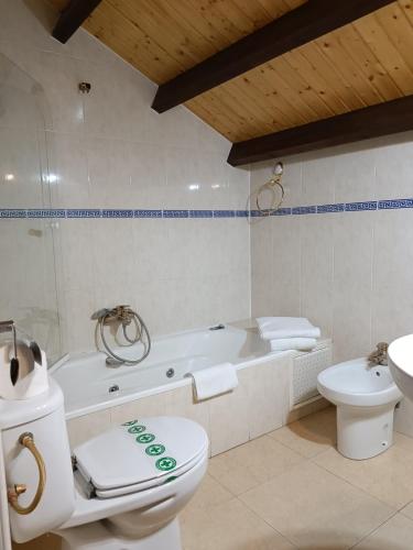 a bathroom with a toilet and a tub and a sink at Hosteria Real de Zamora in Zamora