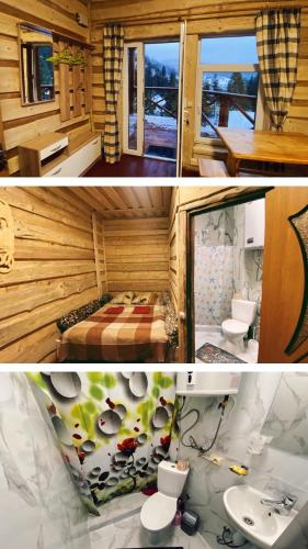 two pictures of a room with a bed and a bathroom at Аляска in Oryavchyk