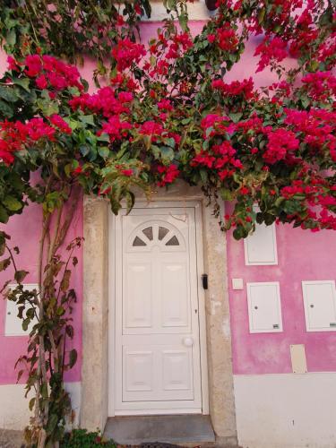 a pink house with red flowers and a white door at Casa Cor de Rosa in Lisbon