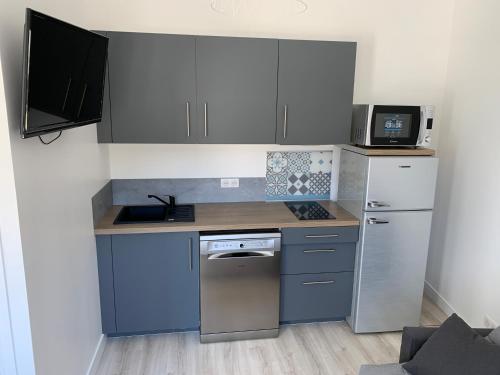 a small kitchen with blue and white cabinets and appliances at Studio La Rochelle - Rompsay in Périgny