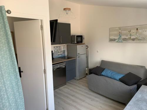 Studio La Rochelle - Rompsay في Périgny: غرفة معيشة صغيرة مع أريكة ومطبخ