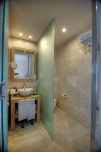 a bathroom with a sink and a toilet and a shower at Lvzz Hotel in Bodrum City