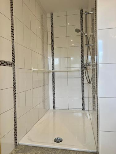 a shower with a glass door in a bathroom at JUNIPRO Apartments Haustadt in Beckingen