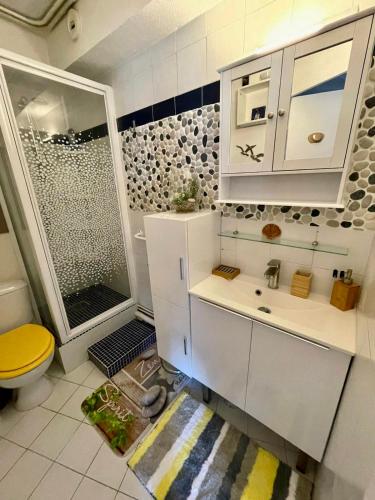une salle de bain avec une douche, un lavabo et des toilettes dans l'établissement Studio avec vue sur la mer, à Canet