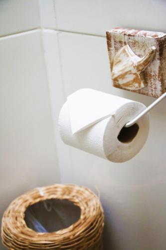 a toilet with a roll of toilet paper in a bathroom at Santo Hostel in Porto Seguro