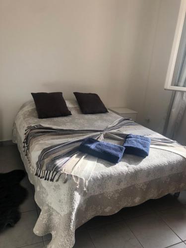 - un lit avec 2 serviettes bleues dans l'établissement Gîte Luna, à Sablet