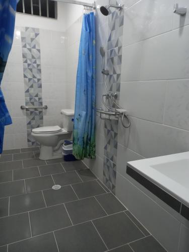 a bathroom with a toilet and a blue shower curtain at Proyecto MOONLIGHT in Villavieja