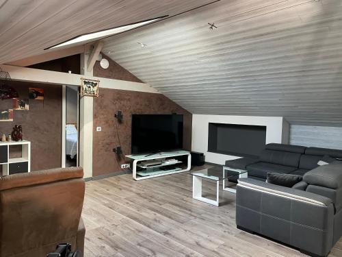 uma sala de estar com um sofá e uma televisão de ecrã plano em Duplex avec poêle à granulés et garage à motos em Montaigut-le-Blanc