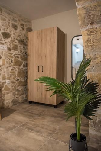 a plant in a pot in a room with a wooden cabinet at Dinas's Cottage Ideal Base for Balos and Elafonisi in Kaloudhianá
