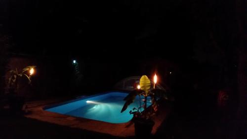 a swimming pool in the dark at night at Airport Apartment in Düsseldorf
