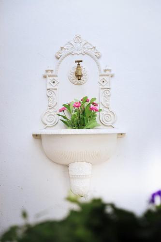 a white sink with a plant on a wall at Vila Vilma Vineyard Cottage in Lendava