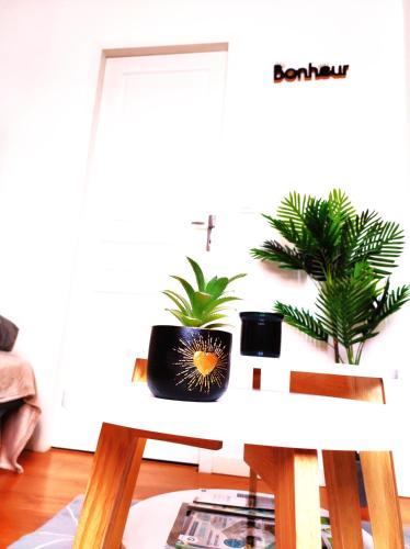 a living room with a table with a plant on it at Le 3plex - Coeur de Vertou - Original in Vertou