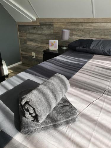 een handdoek ligt op een bed in een slaapkamer bij Stal Nieuwland in Vierpolders