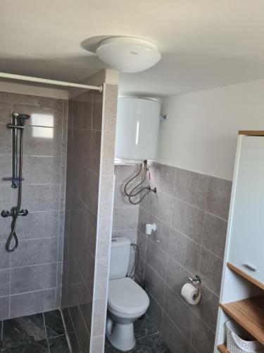 uma casa de banho com um WC e um chuveiro em Melanie apartman em Veľký Meder