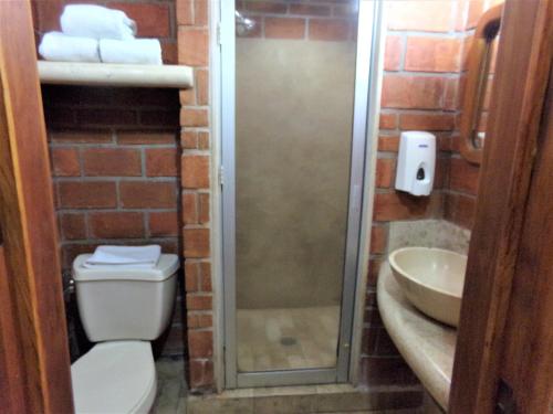 a bathroom with a shower and a toilet and a sink at Hotel Casa de Lirio Diamante in Acapulco