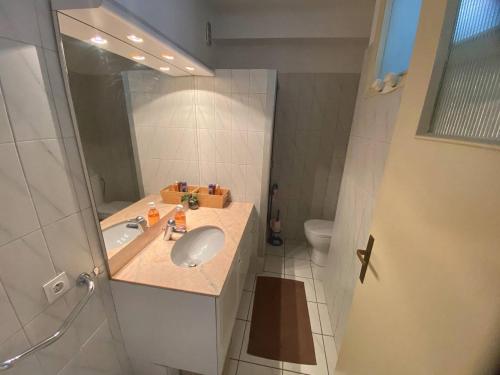 une salle de bain avec un lavabo et un miroir et des toilettes dans l'établissement Flat in Juan, à Antibes