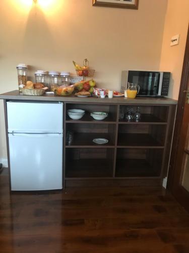 a kitchen with a counter with a refrigerator and a microwave at Stonehaven B&B in Ennis