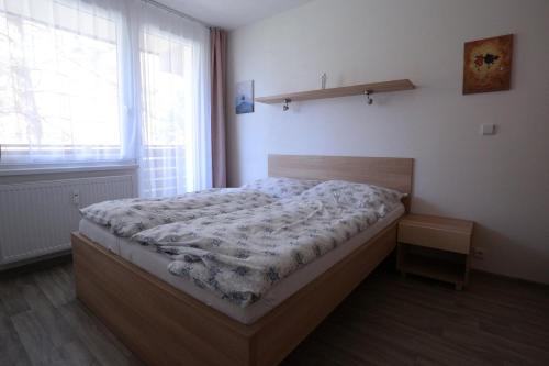 a bed in a room with a large window at Apartman 13 Vsemina in Všemina