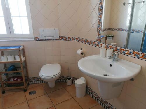 uma casa de banho com um lavatório e um WC em Apartamento Estúdio Pinhalmar em Vila Nova de Milfontes
