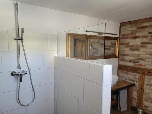 a white bathroom with a shower and a sink at Maison Casteljaloux in Heiteren