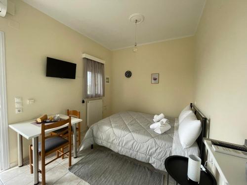 um quarto com uma cama, uma secretária e uma televisão em Flo's Apartment em Mesolongion